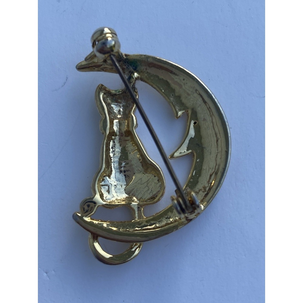VTG Gold-Tone Cat sitting on Crescent Moon Brooch Pin with Rhinestone Accents - Picture 2 of 3